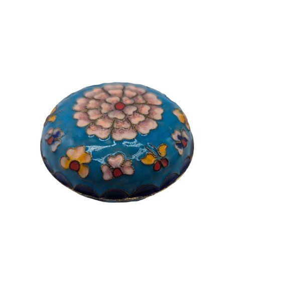 Hand-Painted Floral Cloisonné Trinket Box - Blue & Pink Enamel - 2.5" Diameter - Picture 7 of 10